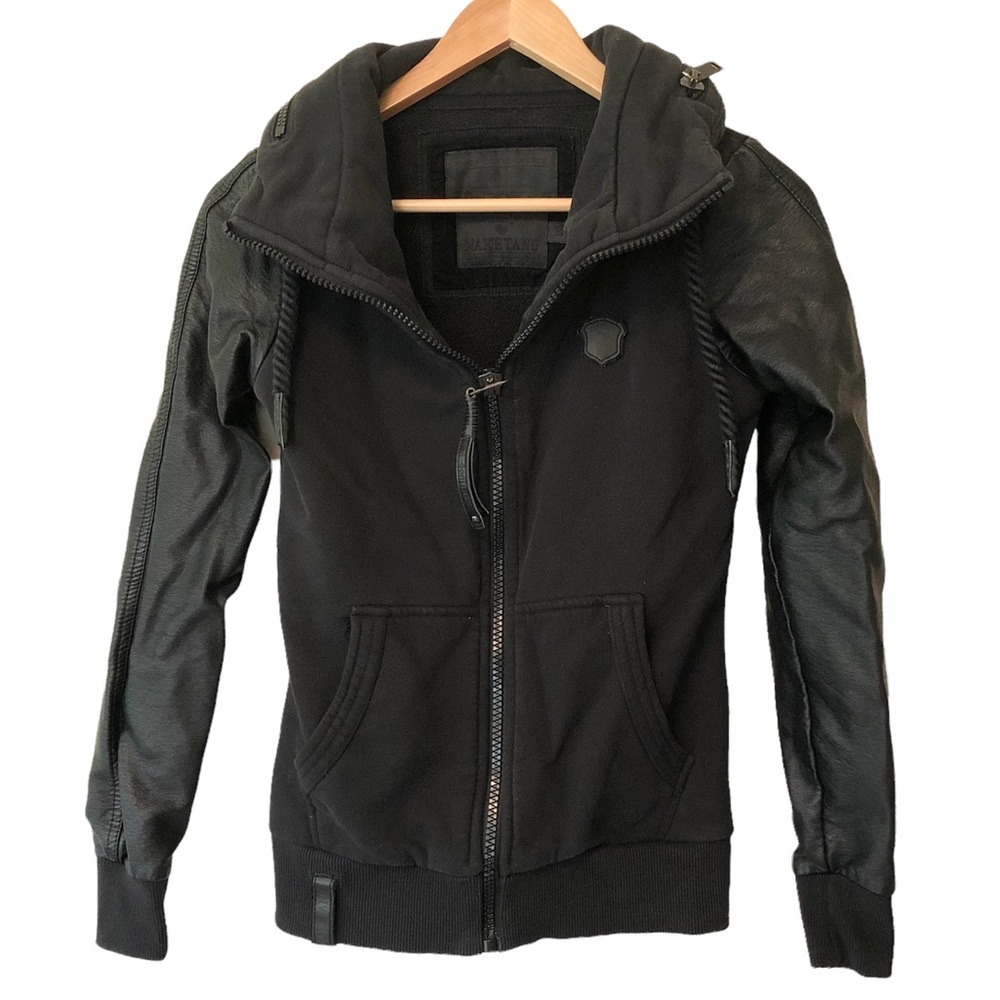 Naketano The Poets Choice All Black Mother Zip Up Jacket Faux Leather Sleeves S